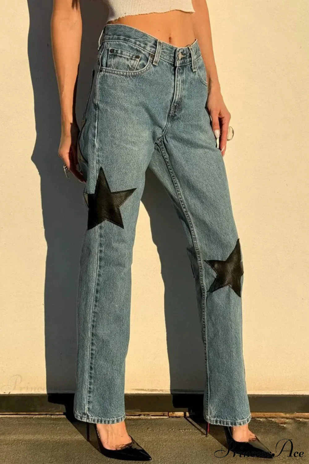 Leather Star Patchwork Straight Leg Jeans - Image 3