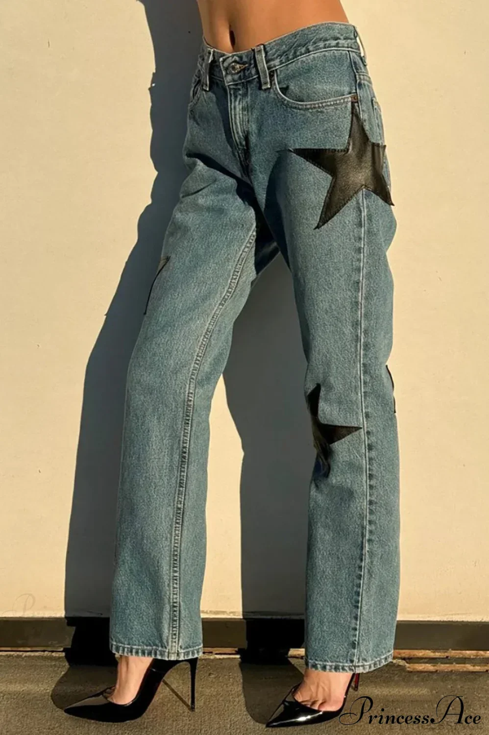 Leather Star Patchwork Straight Leg Jeans - Image 4