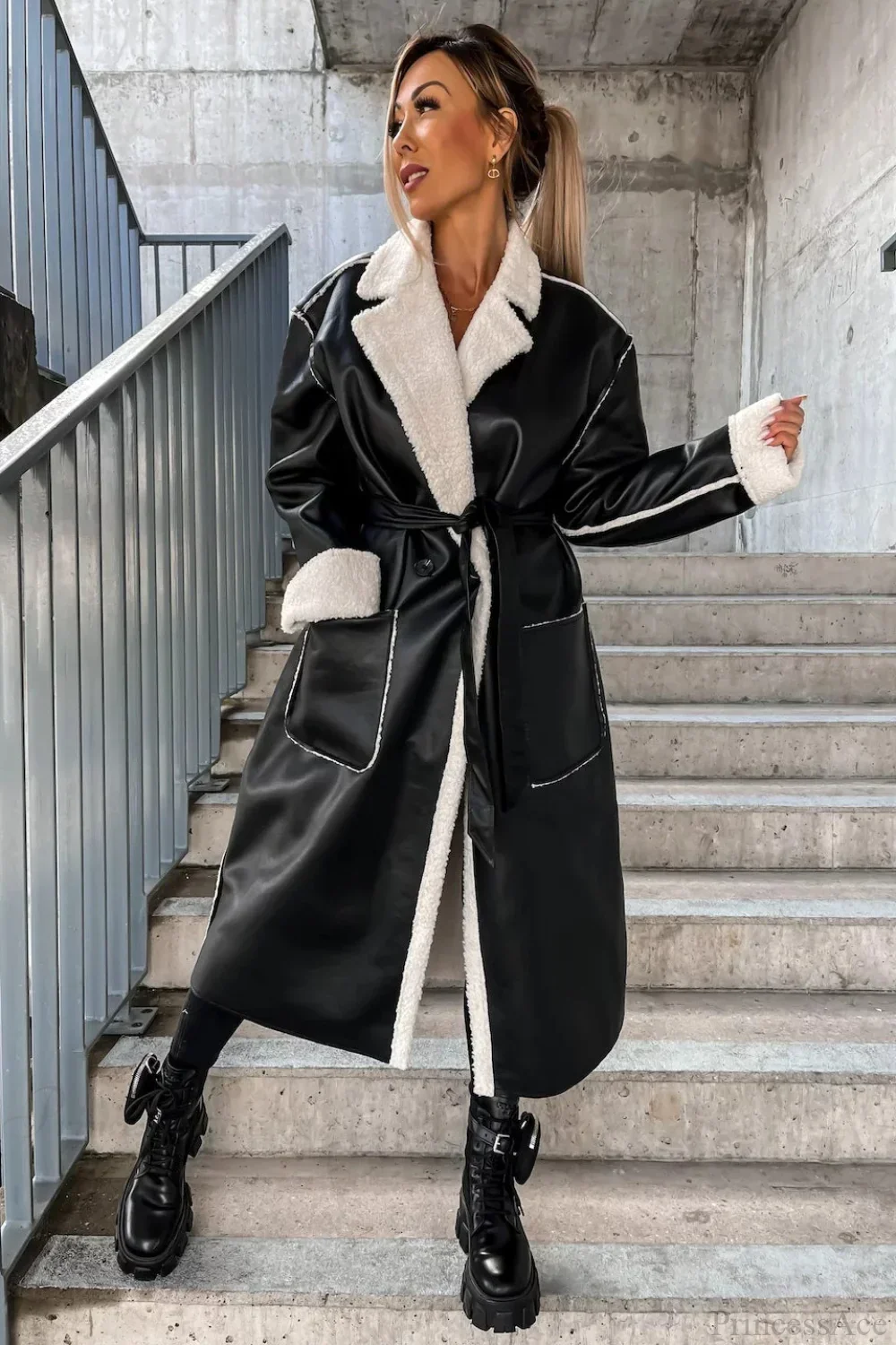 Leather Thickened Trench-Inspired Relaxed Tie Waist Overcoat - Image 2