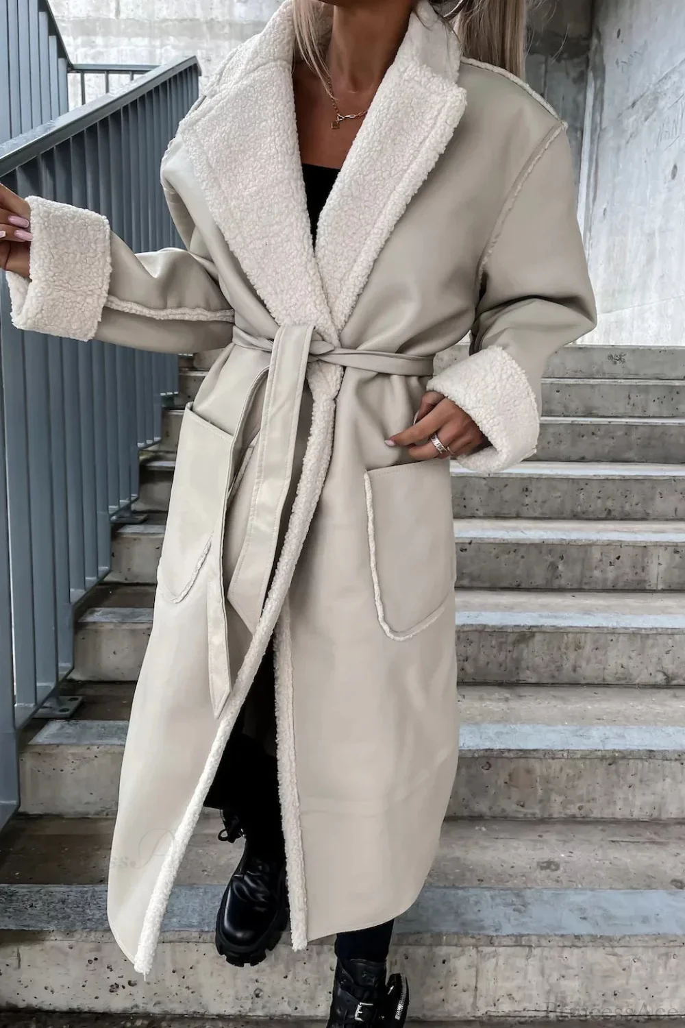 Leather Thickened Trench-Inspired Relaxed Tie Waist Overcoat - Image 9