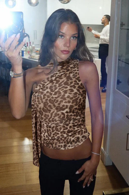 Leopard Asym Shoulder Sleeveless Halter Top - Image 2