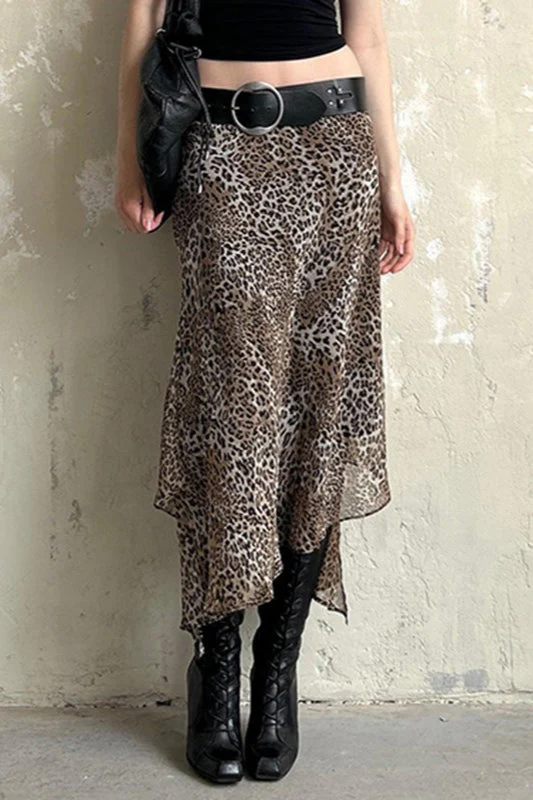 Leopard Print Double-Layer Tulle Asymmetrical Skirt - Image 3