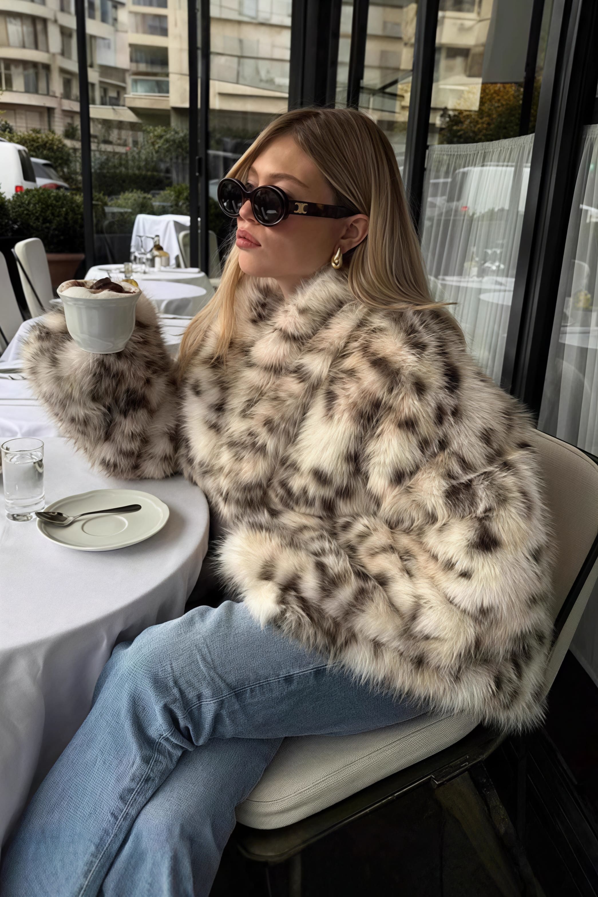 Leopard Print Faux Fur Collar Coat - Image 2