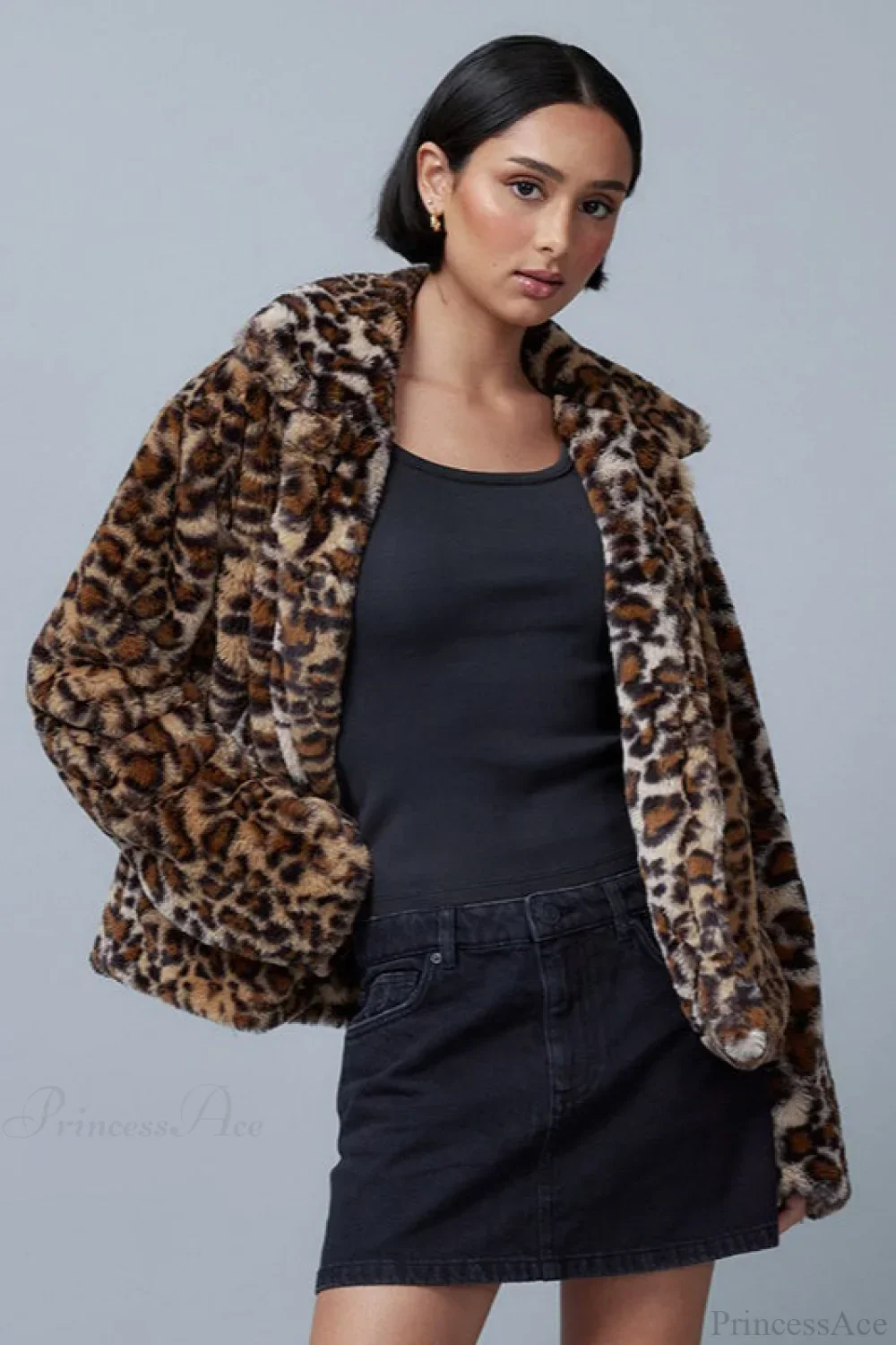 Leopard Print Faux Fur Collar Vintage Coat - Image 2