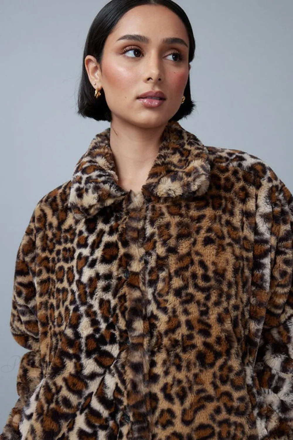 Leopard Print Faux Fur Collar Vintage Coat - Image 4