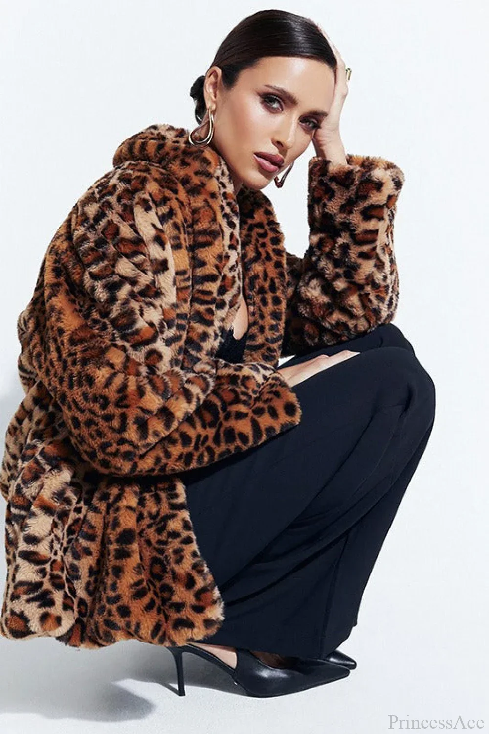 Leopard Print Faux Fur Collar Vintage Coat - Image 6