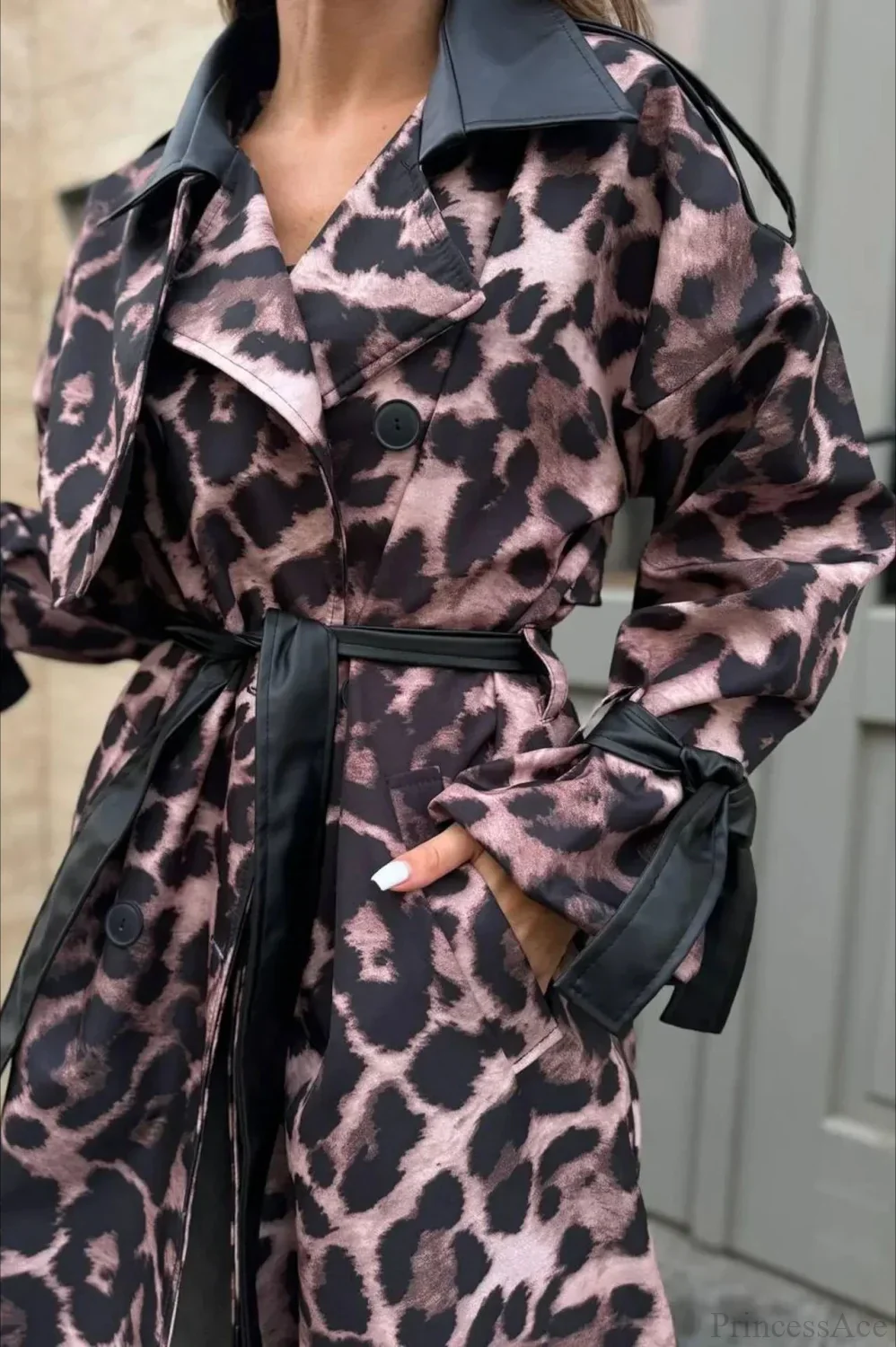 Leopard Print Faux Leather Oversized Elegant Longline Overcoat - Image 2