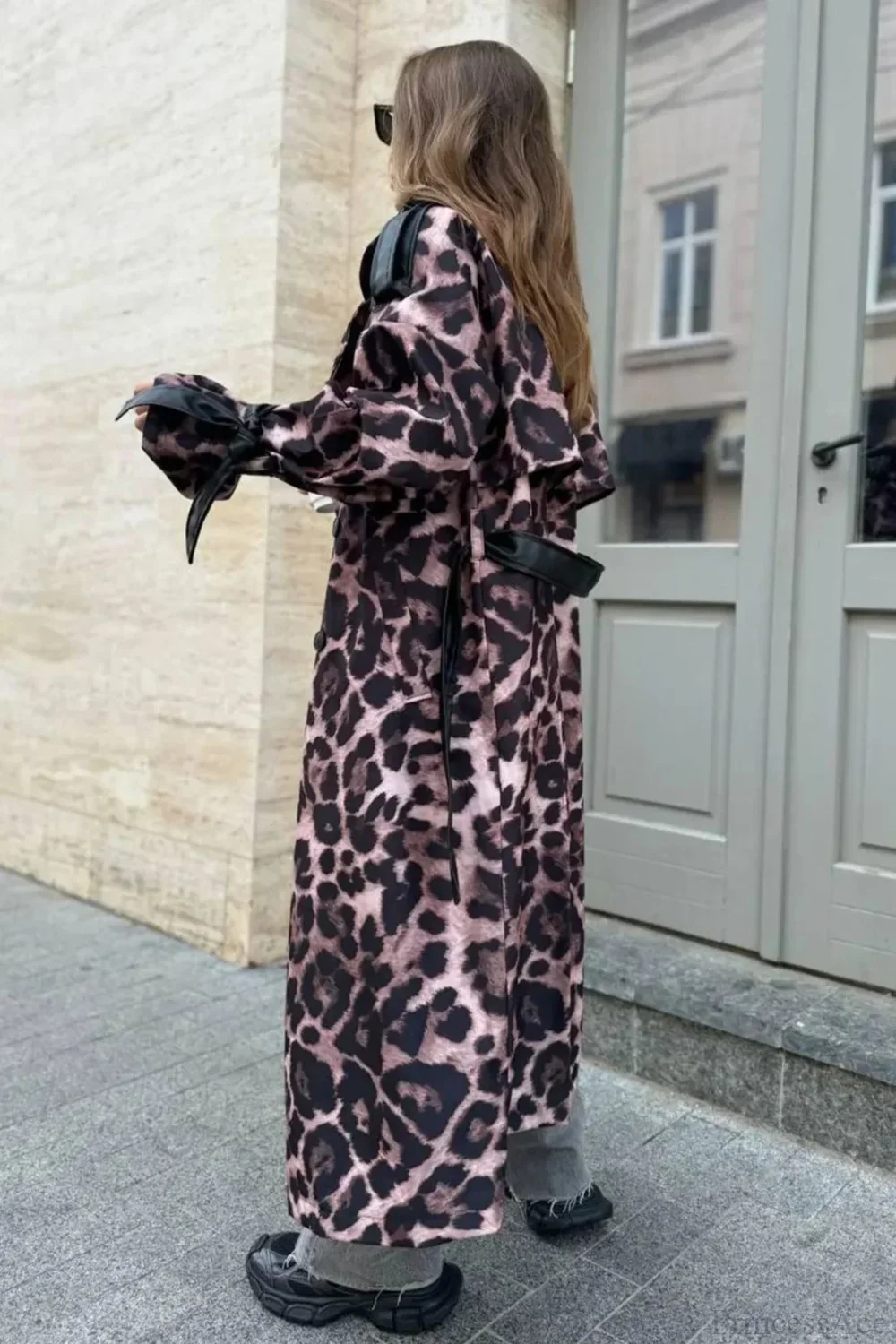 Leopard Print Faux Leather Oversized Elegant Longline Overcoat - Image 3