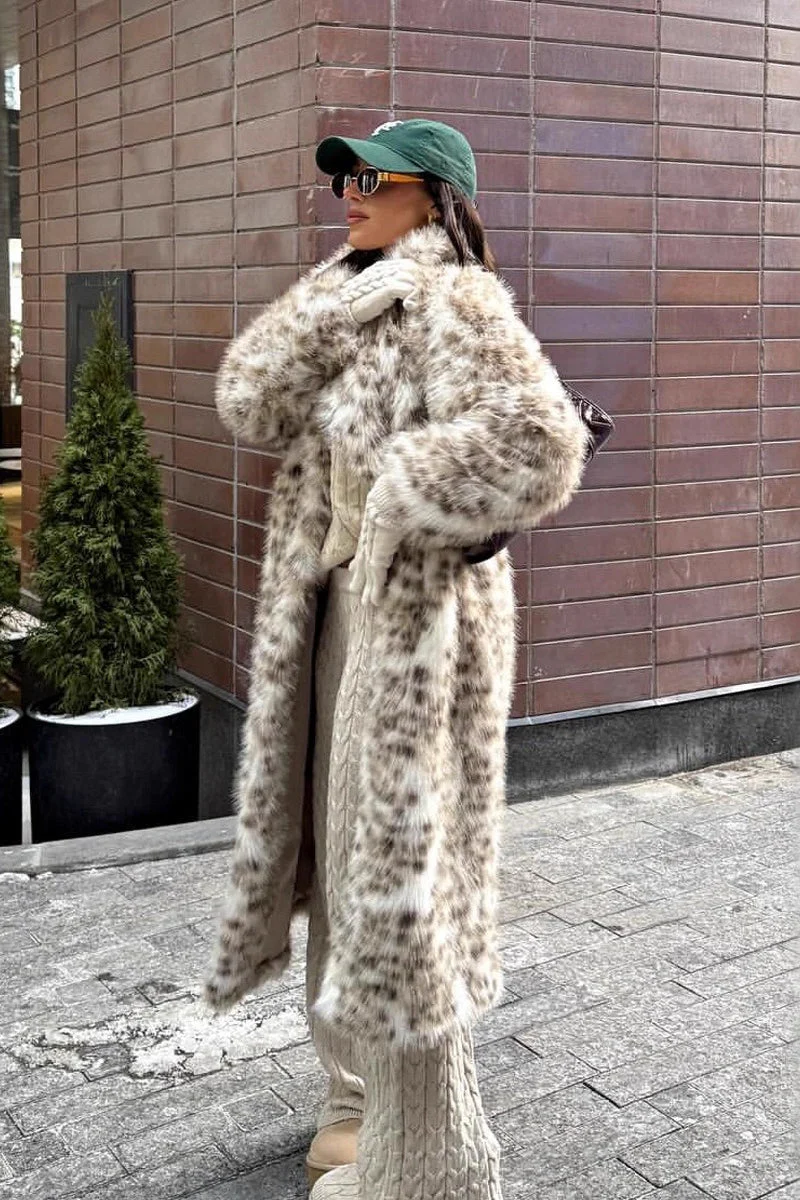 Leopard Print Faux Mink Fur Eco Long Blazer Collar Overcoat - Image 2