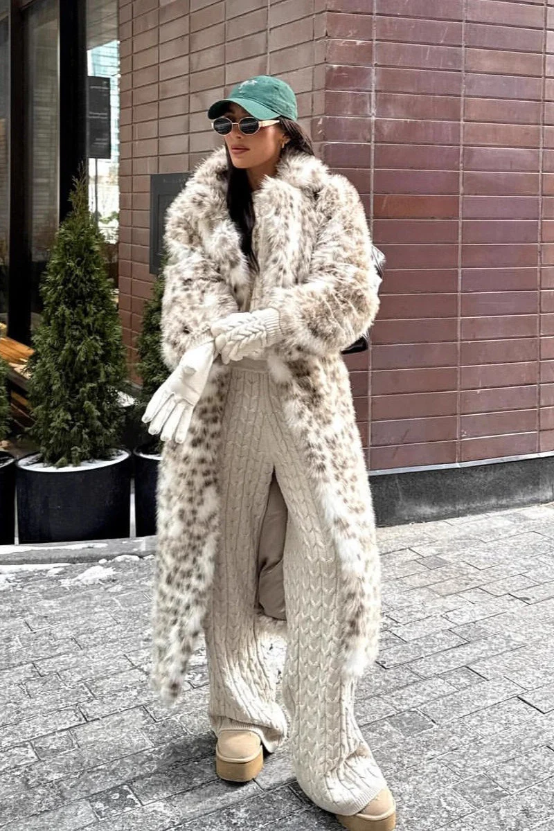 Leopard Print Faux Mink Fur Eco Long Blazer Collar Overcoat - Image 3