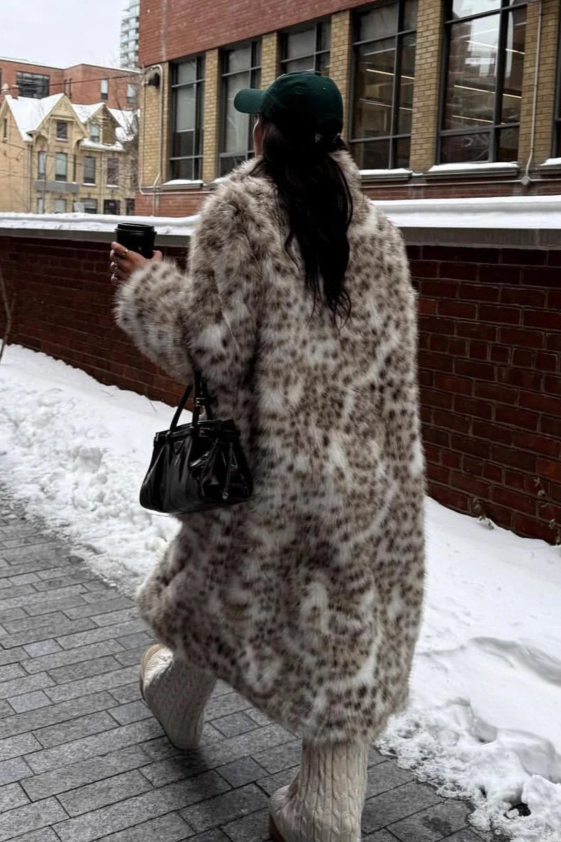 Leopard Print Faux Mink Fur Eco Long Blazer Collar Overcoat - Image 4