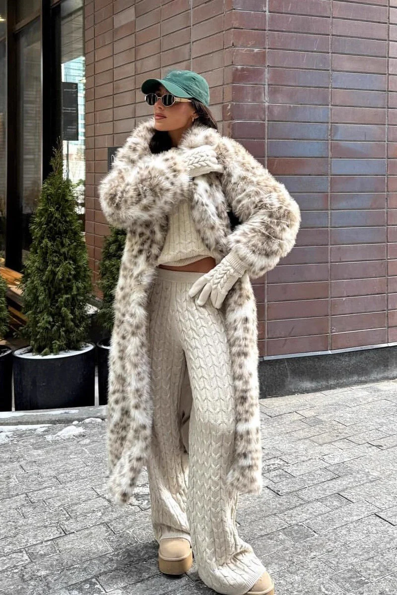 Leopard Print Faux Mink Fur Eco Long Blazer Collar Overcoat - Image 5
