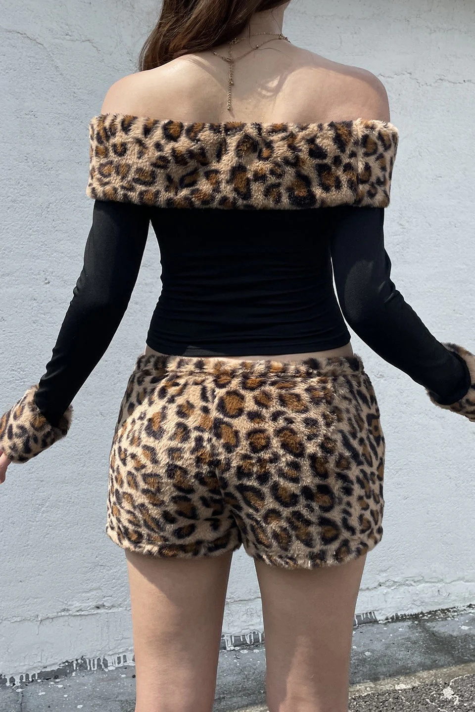 Leopard Print Fleece Off-the-shoulder Two Piece Set - Image 2