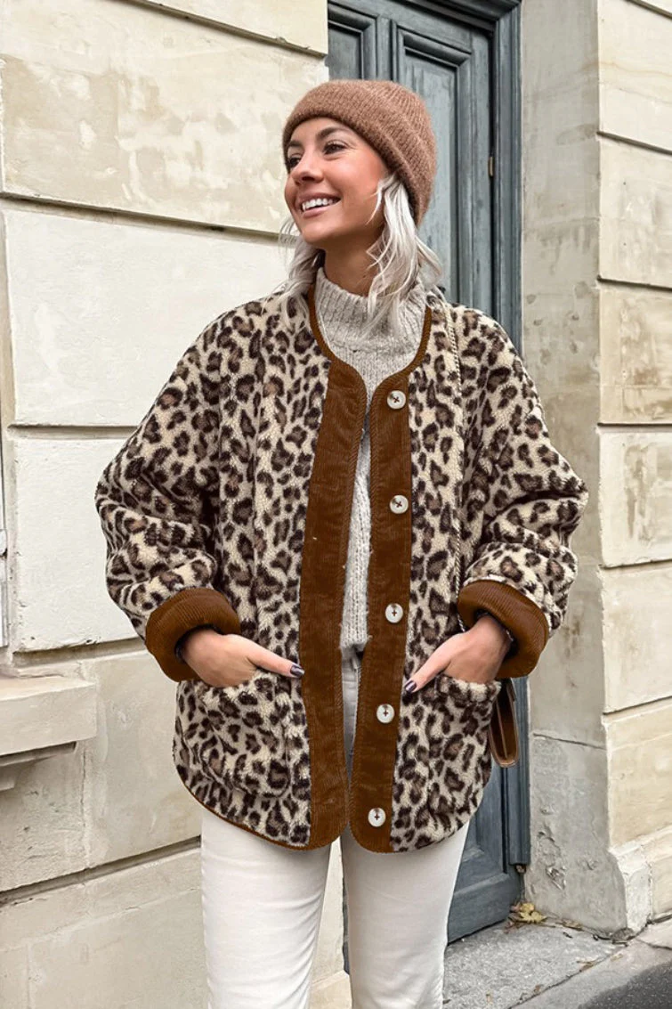 Leopard Print Fleece Sherpa Panel Crew Neck Warm Jacket - Image 2