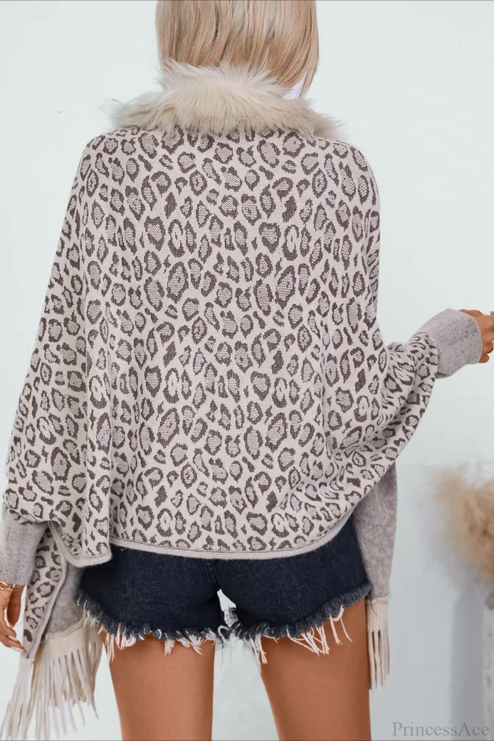 Leopard Print Fur Collar Shawl Batwing Knit Coat - Image 3