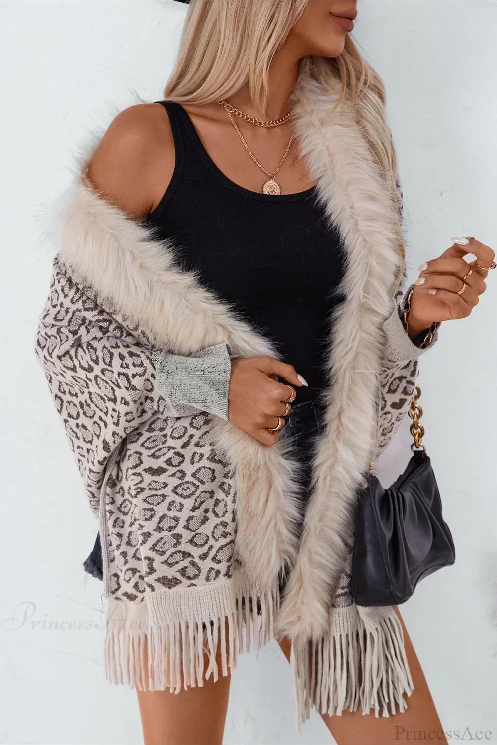 Leopard Print Fur Collar Shawl Batwing Knit Coat - Image 4