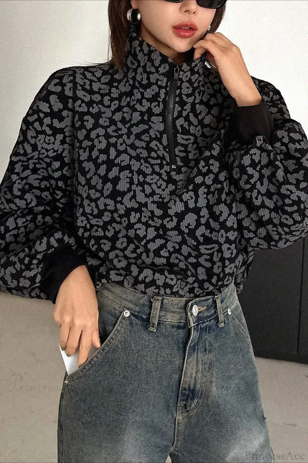 Leopard Print Half-Zip V-Neck Long Sleeve Sweatshirt - Image 10