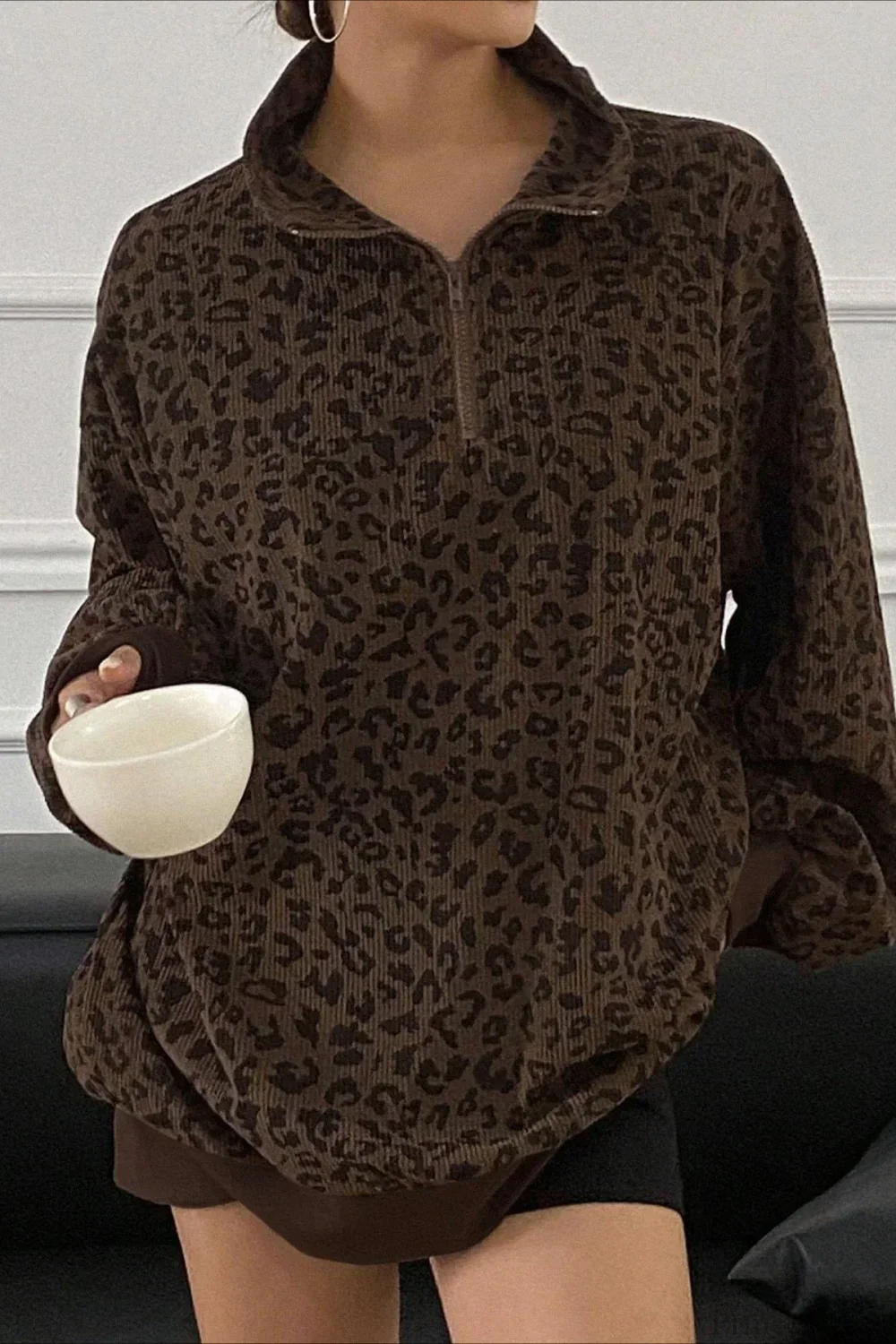 Leopard Print Half-Zip V-Neck Long Sleeve Sweatshirt - Image 12