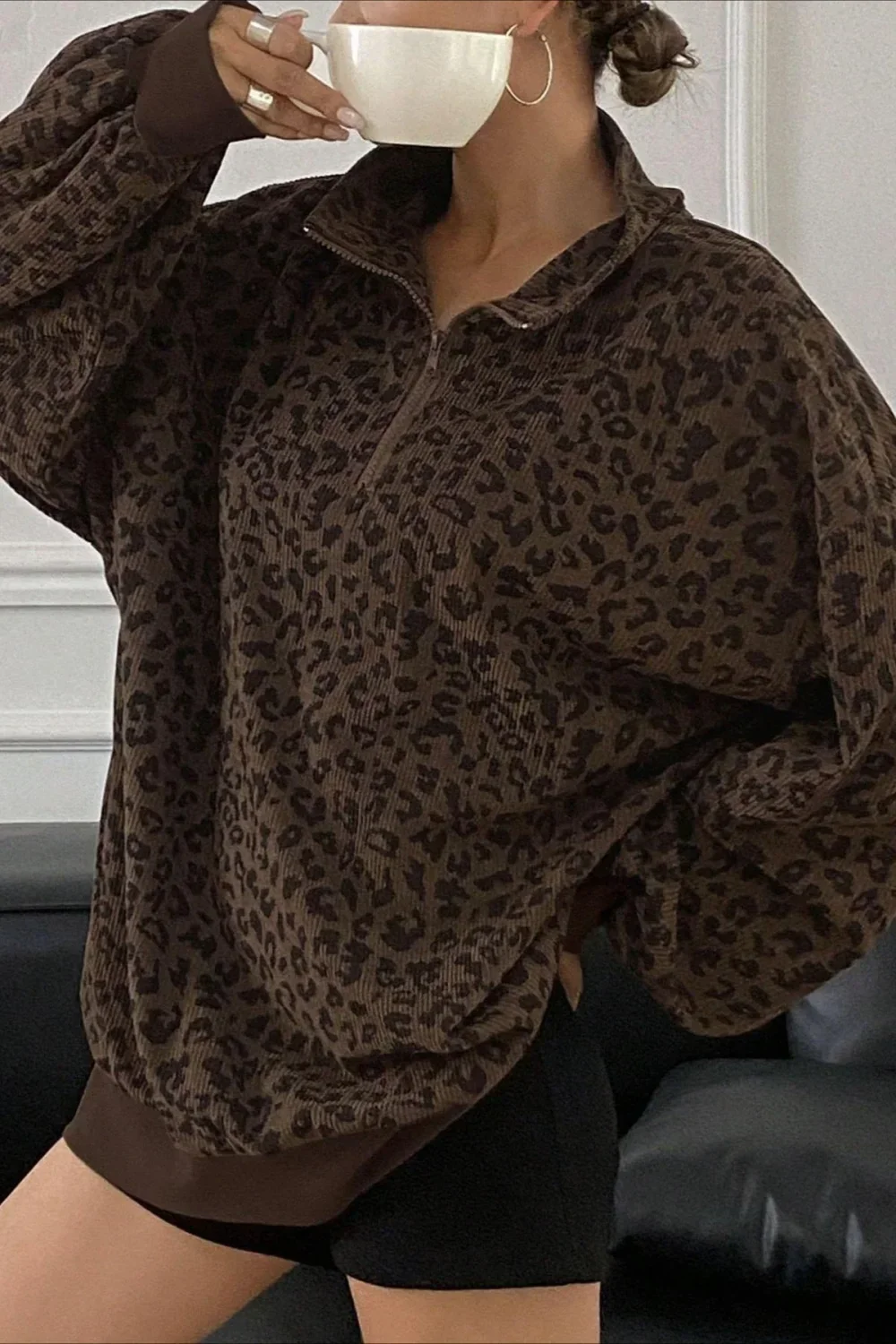 Leopard Print Half-Zip V-Neck Long Sleeve Sweatshirt - Image 13