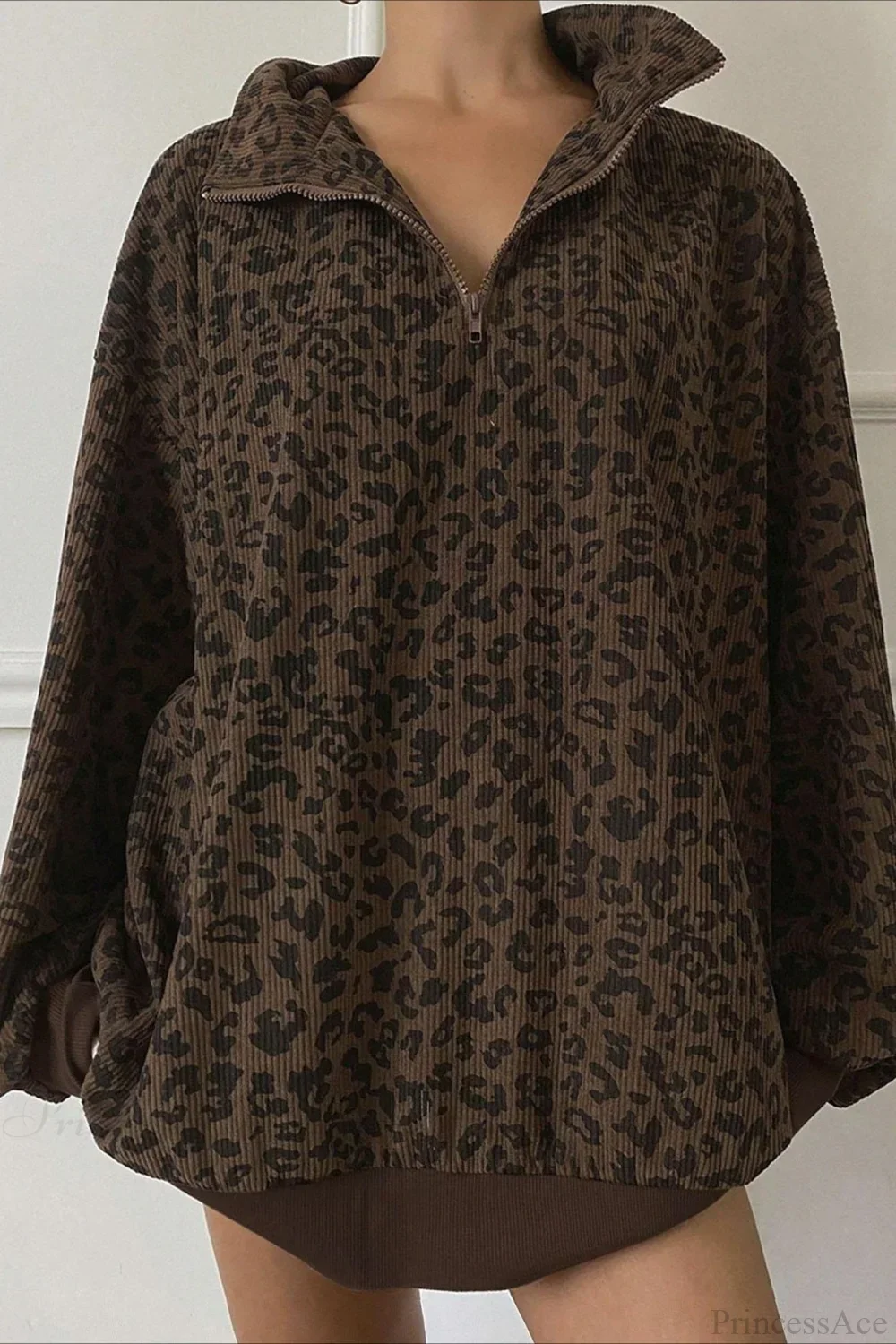 Leopard Print Half-Zip V-Neck Long Sleeve Sweatshirt - Image 14