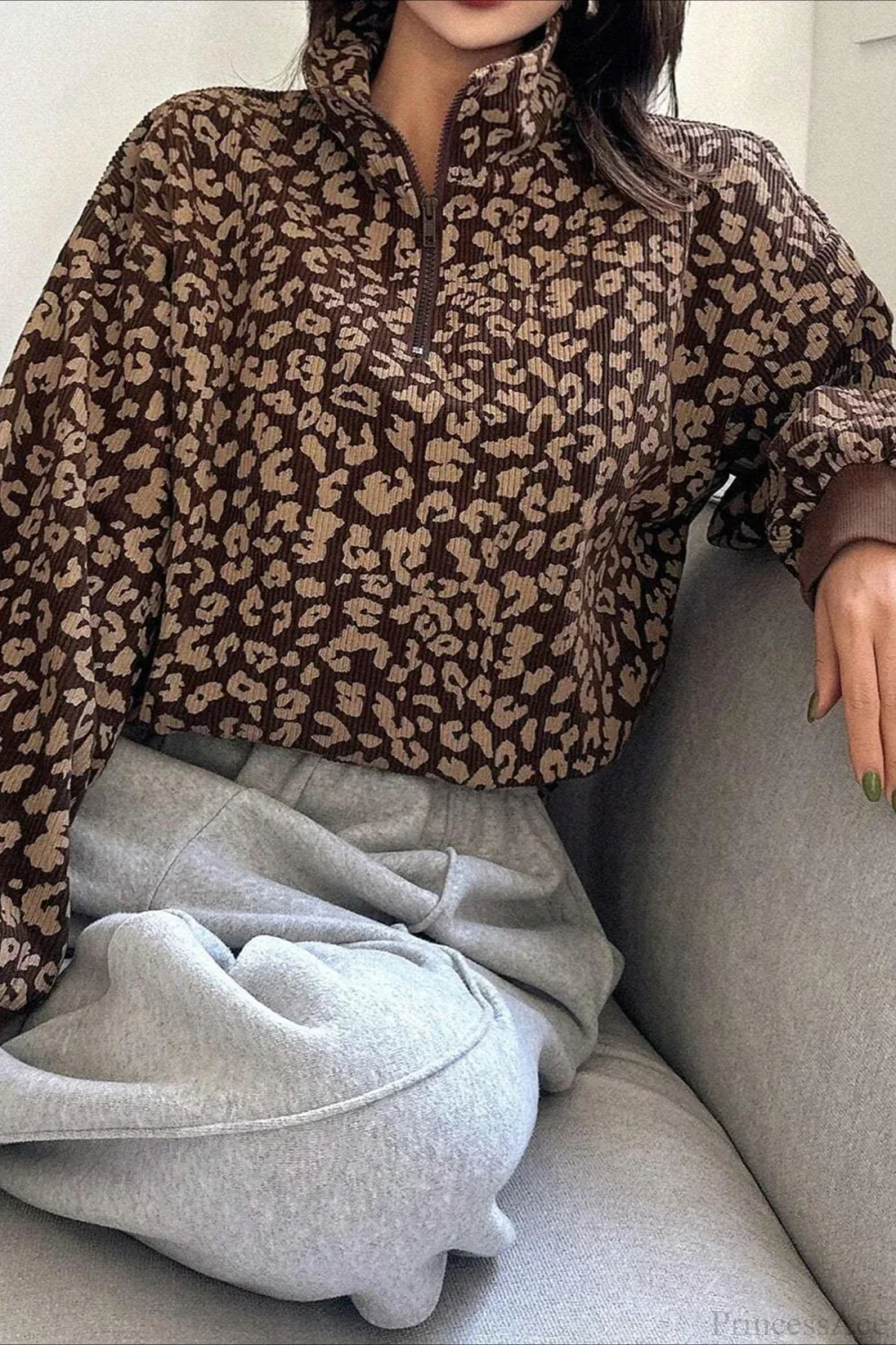 Leopard Print Half-Zip V-Neck Long Sleeve Sweatshirt - Image 2