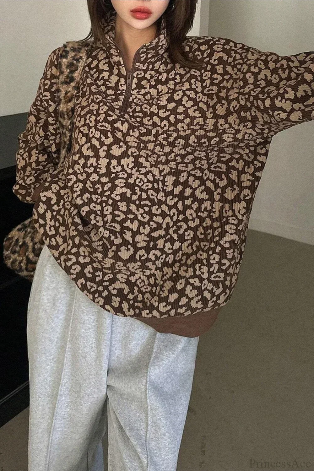 Leopard Print Half-Zip V-Neck Long Sleeve Sweatshirt - Image 3