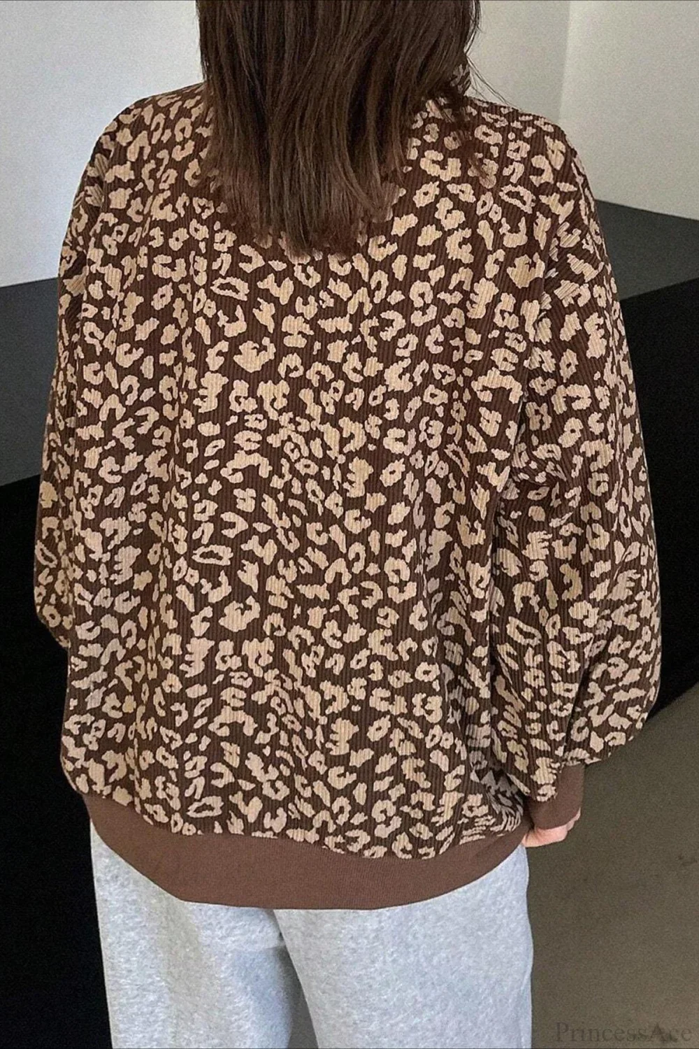 Leopard Print Half-Zip V-Neck Long Sleeve Sweatshirt - Image 4