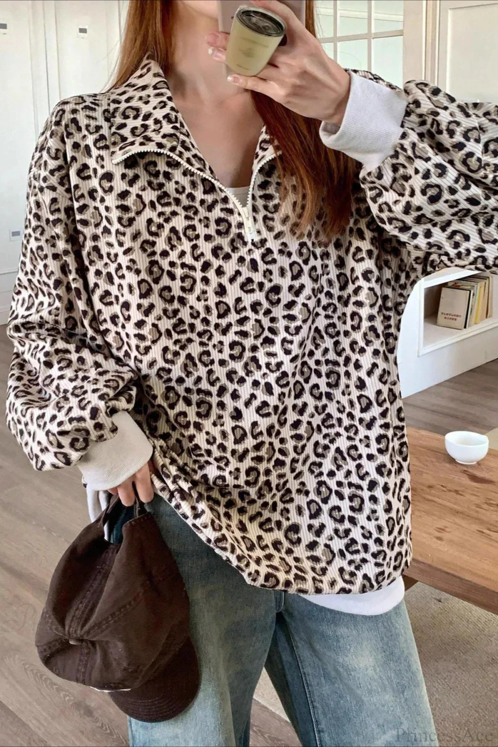 Leopard Print Half-Zip V-Neck Long Sleeve Sweatshirt - Image 5
