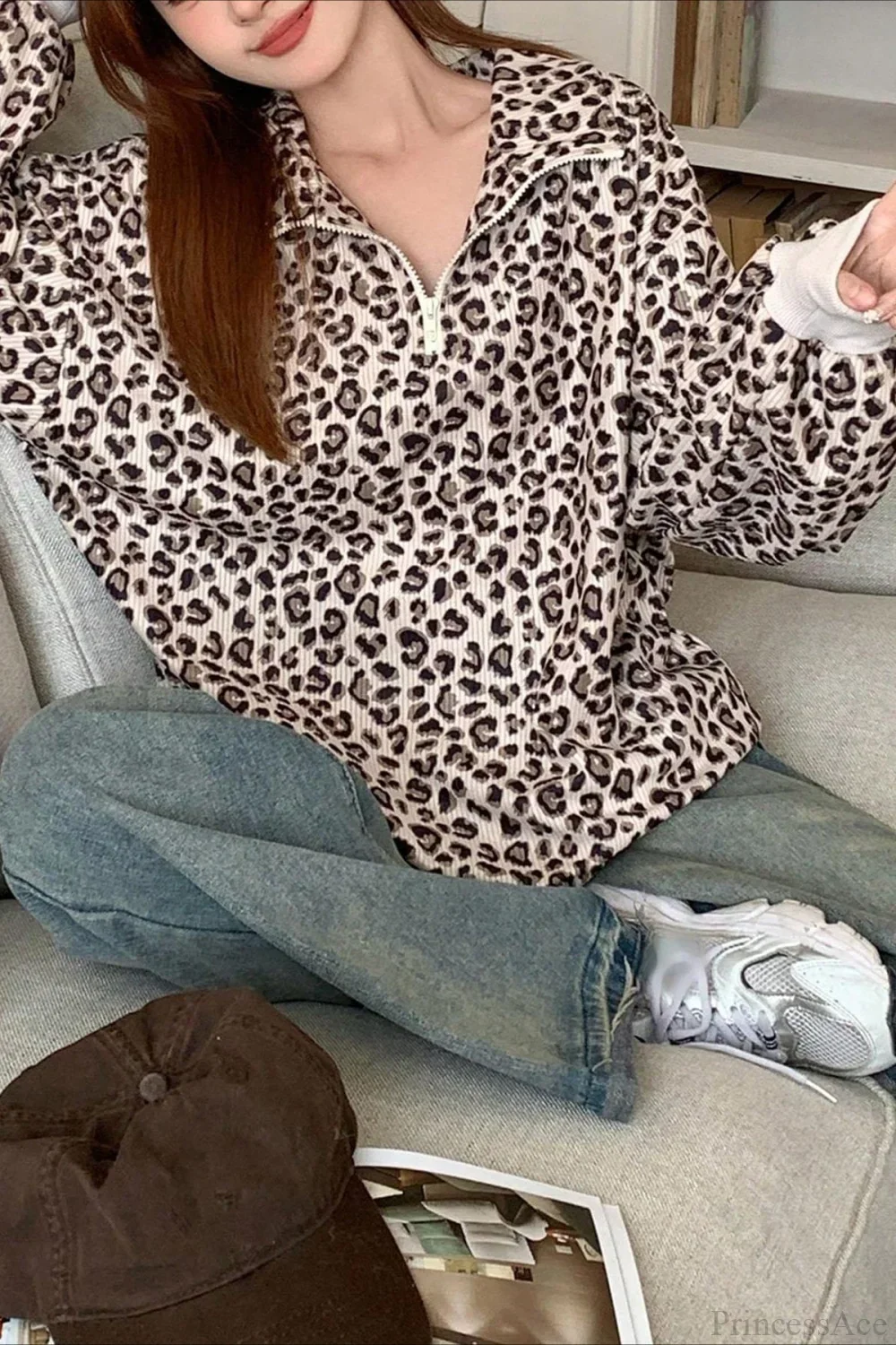 Leopard Print Half-Zip V-Neck Long Sleeve Sweatshirt - Image 6