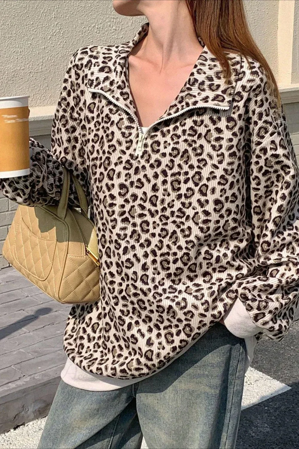 Leopard Print Half-Zip V-Neck Long Sleeve Sweatshirt - Image 7