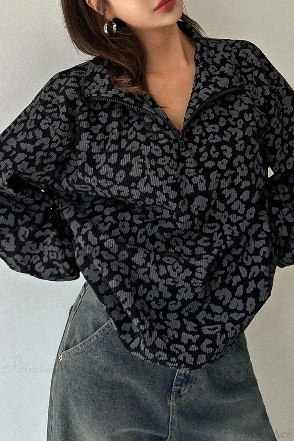 Leopard Print Half-Zip V-Neck Long Sleeve Sweatshirt - Image 8