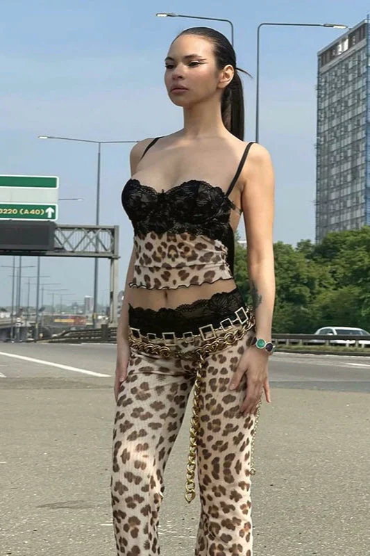 Leopard Print Lace Cami Crop Low Waist Pants Two Piece Set - Image 4