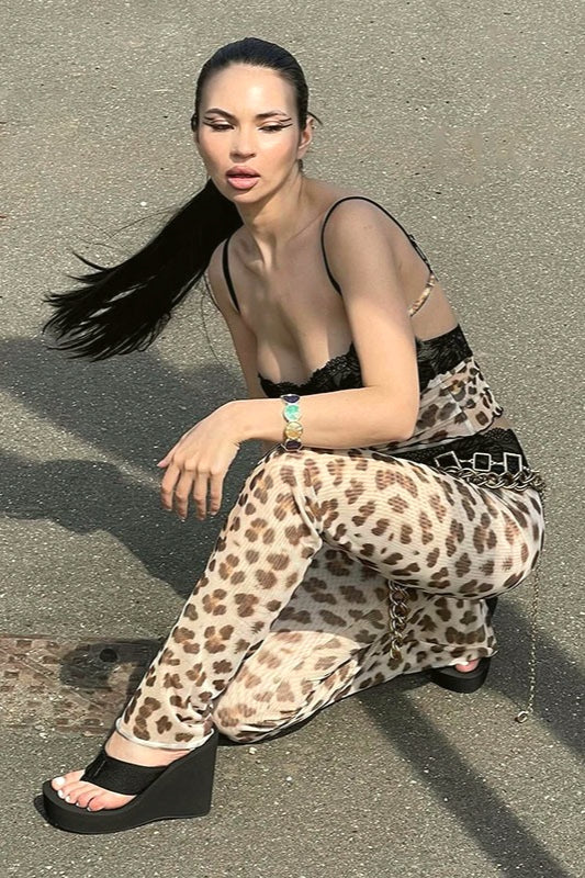 Leopard Print Lace Cami Crop Low Waist Pants Two Piece Set - Image 5