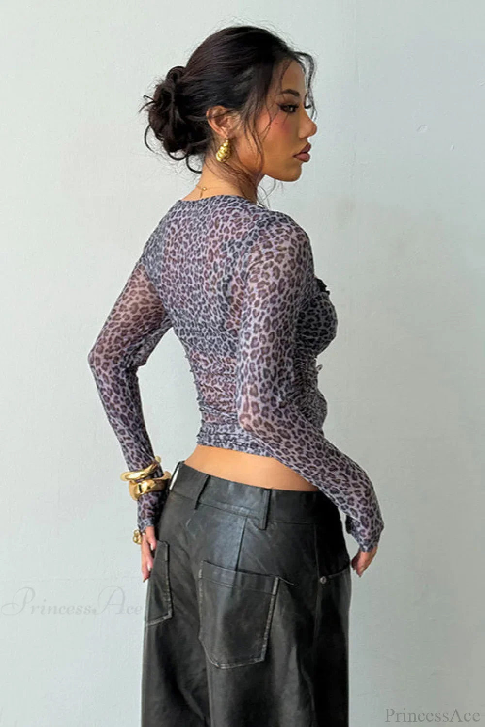 Leopard Print Mock Two-Piece Fitted Long Sleeve Tee - Image 4