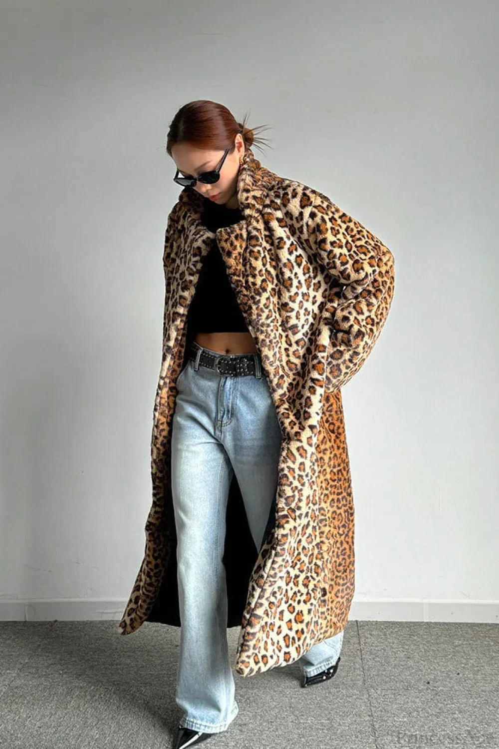 Leopard Print Notched Collar Longline Faux Fur Overcoat - Image 2