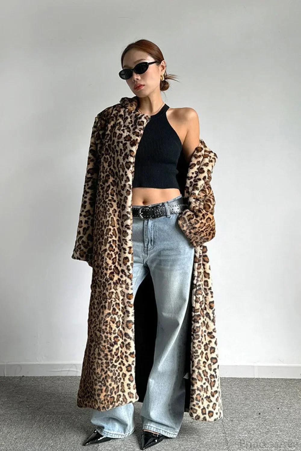 Leopard Print Notched Collar Longline Faux Fur Overcoat - Image 3