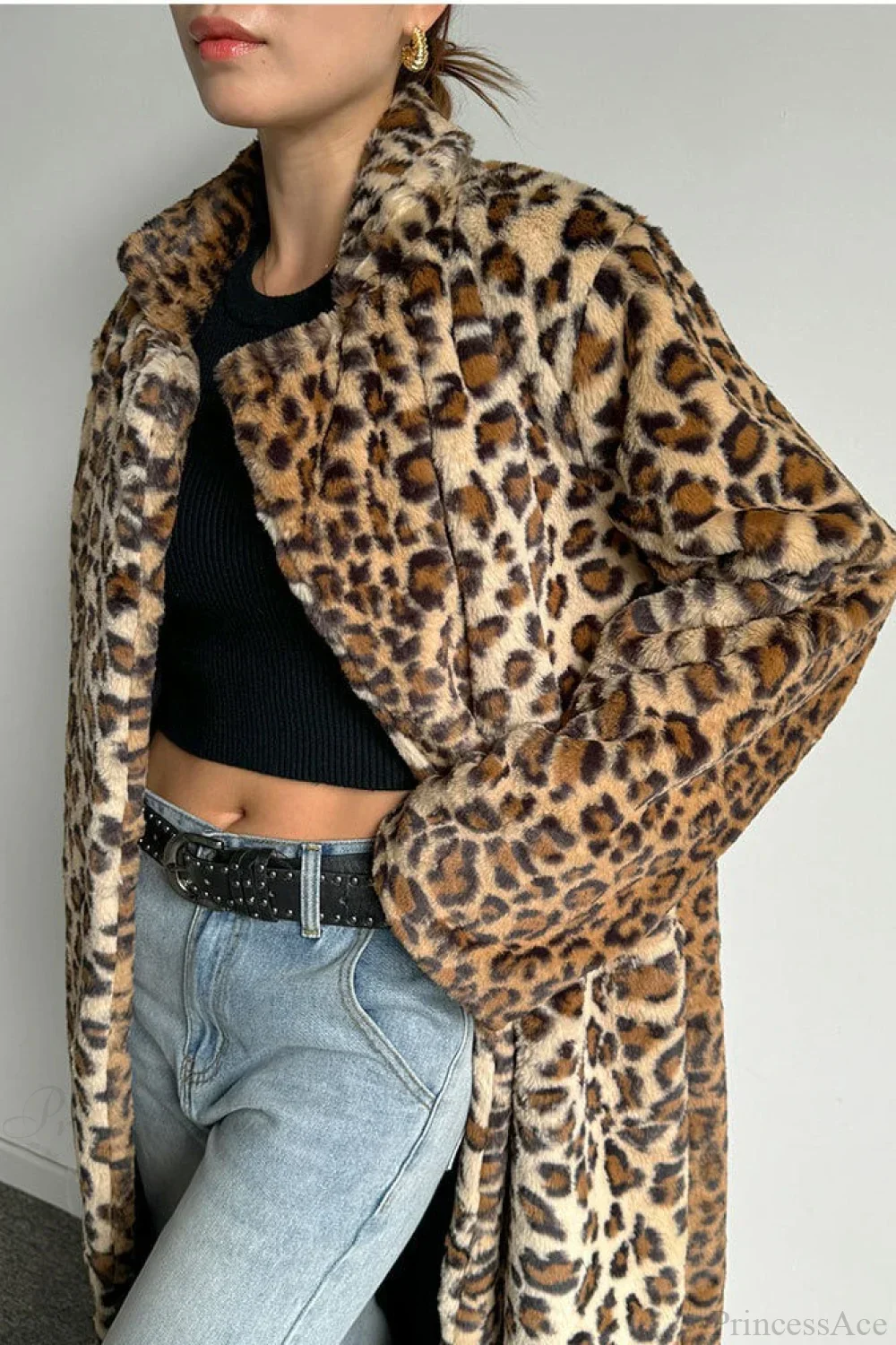 Leopard Print Notched Collar Longline Faux Fur Overcoat - Image 4