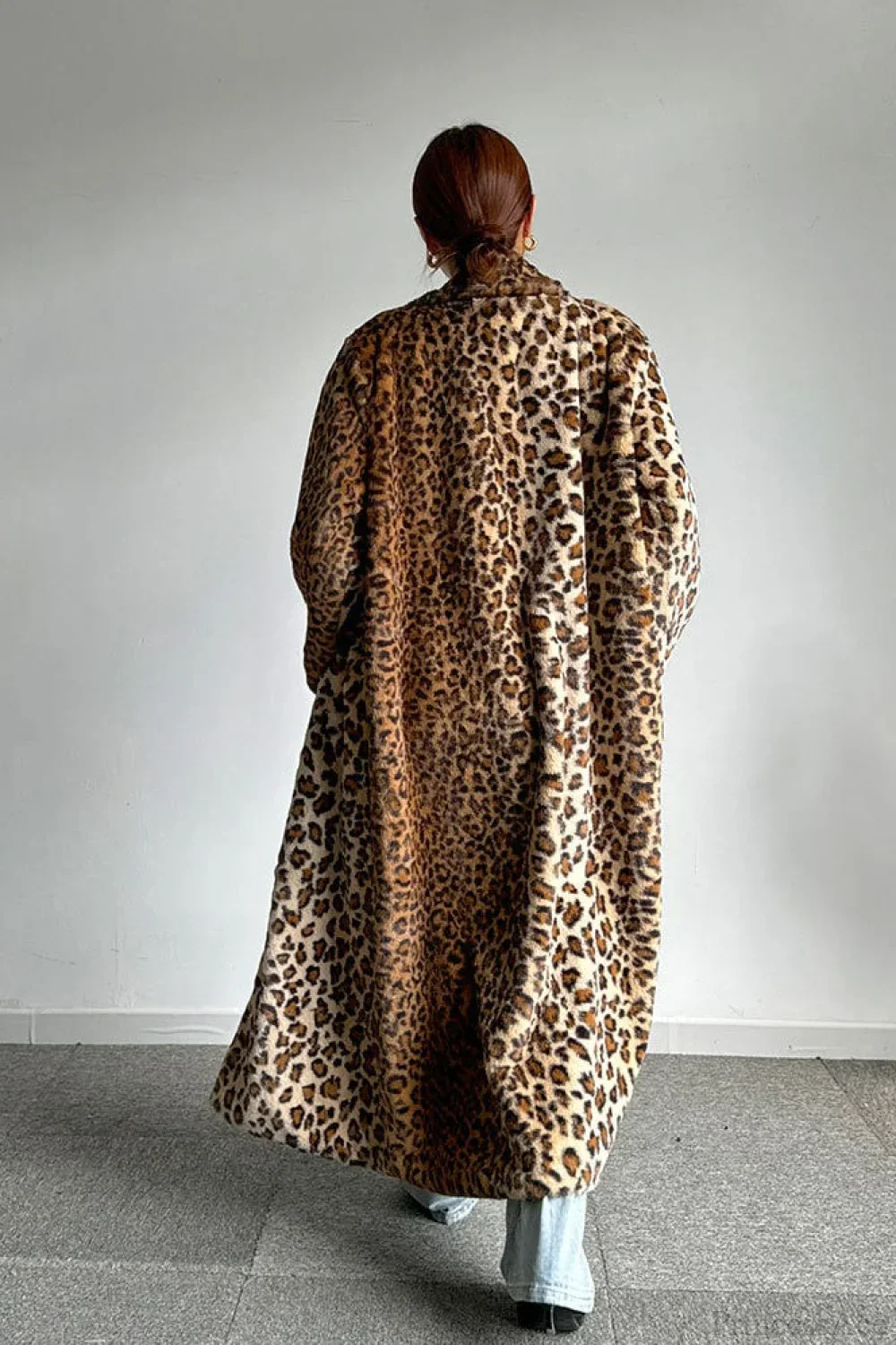 Leopard Print Notched Collar Longline Faux Fur Overcoat - Image 5