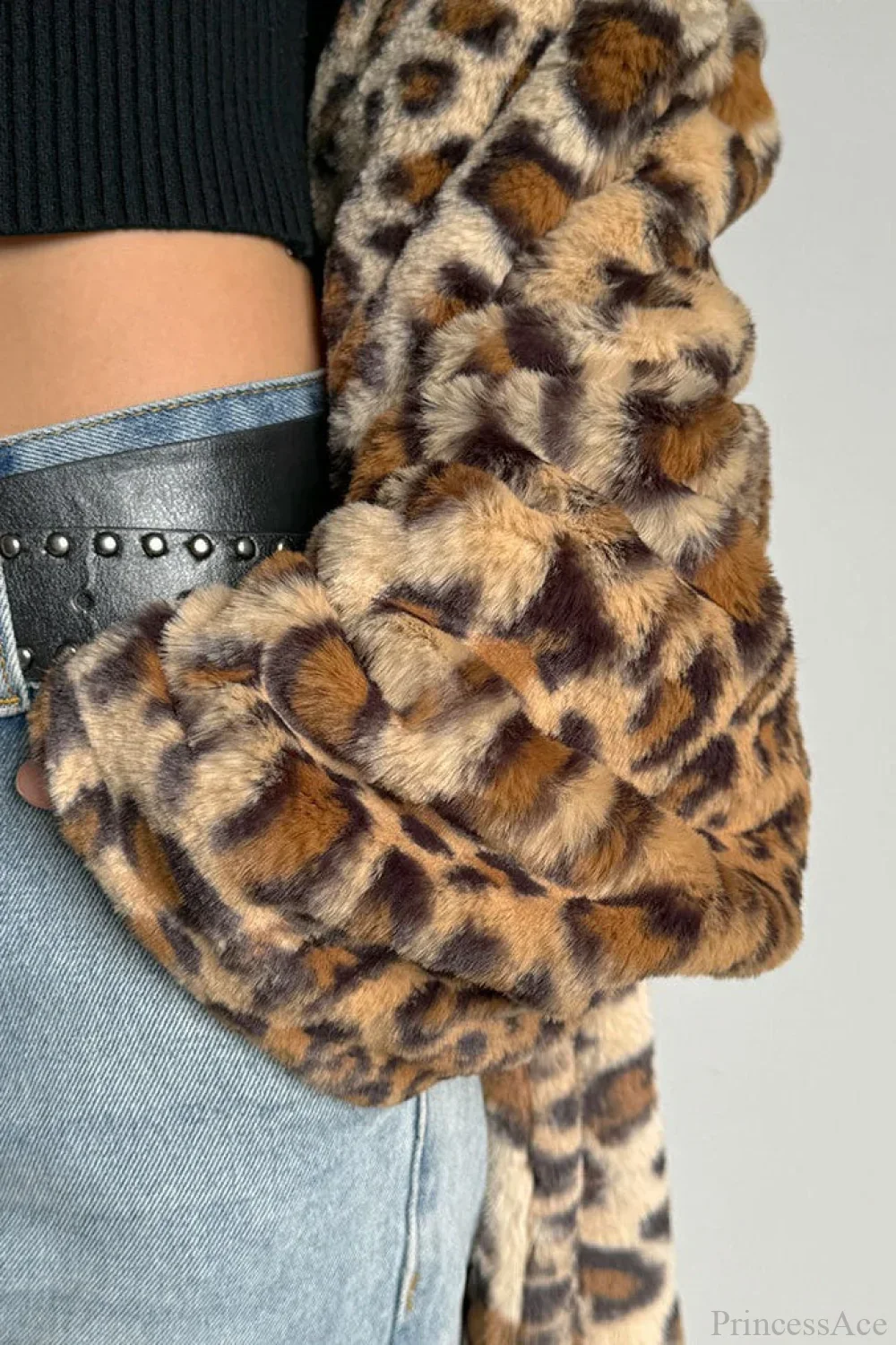 Leopard Print Notched Collar Longline Faux Fur Overcoat - Image 6