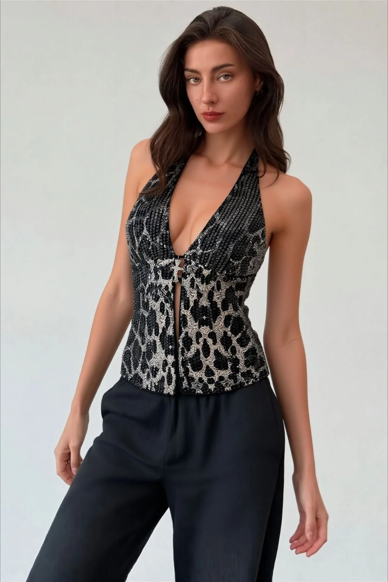 Leopard Print Sequin Deep V Sexy Vest - Image 3