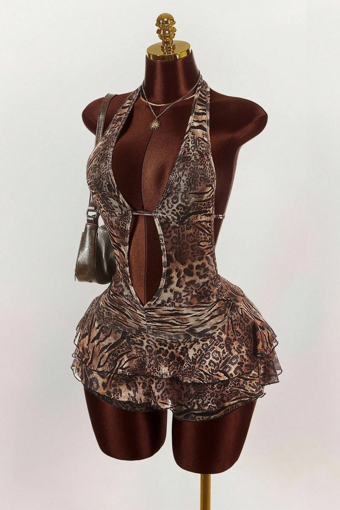 Leopard Print Sexy Halter Tie Tiered Mini Dress - Image 4