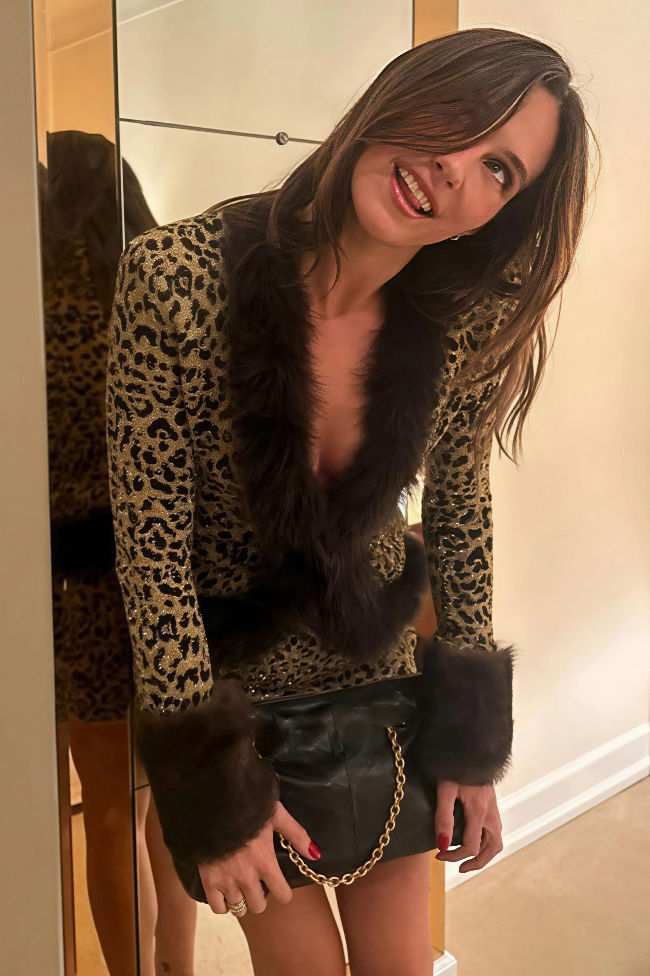 Leopard Print Shiny Fur Collar Patchwork Two Piece Set - Image 4
