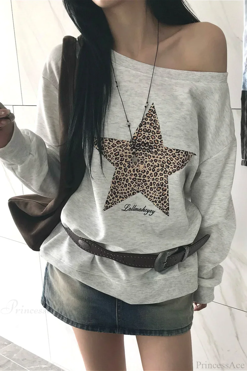 Leopard Print Star Slant Neck Off Shoulder Sweatshirt - Image 2