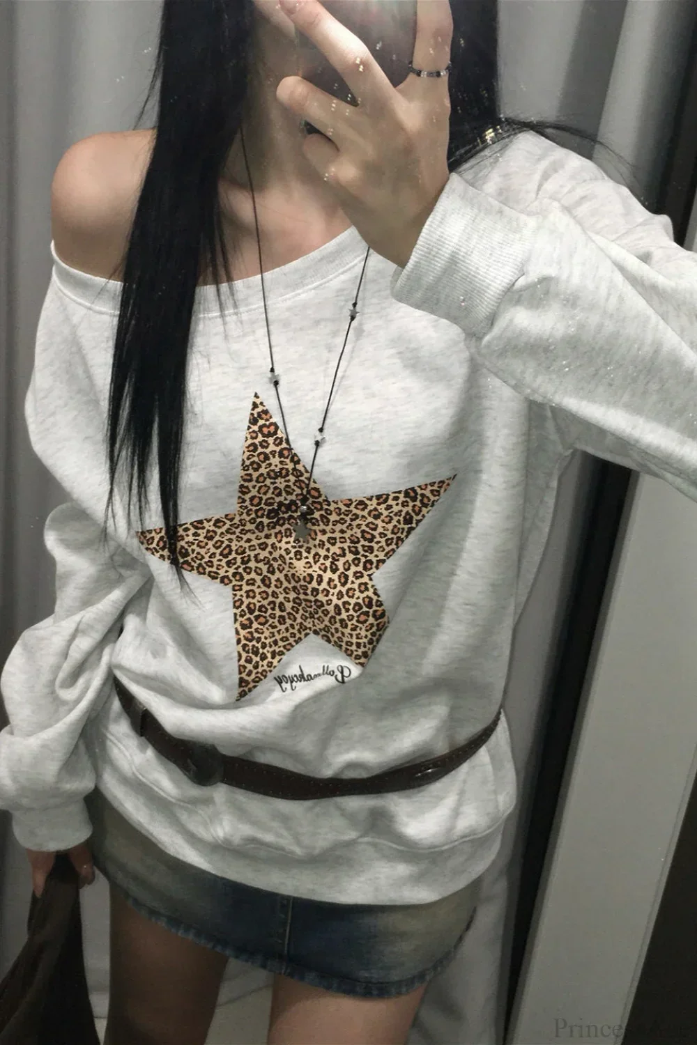 Leopard Print Star Slant Neck Off Shoulder Sweatshirt - Image 3
