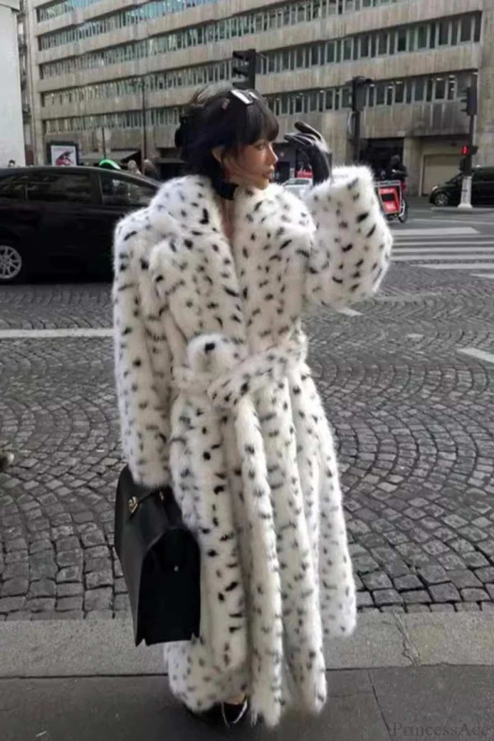 leopard print Warm Faux Fox Fur Notched Collar Loose Overcoat