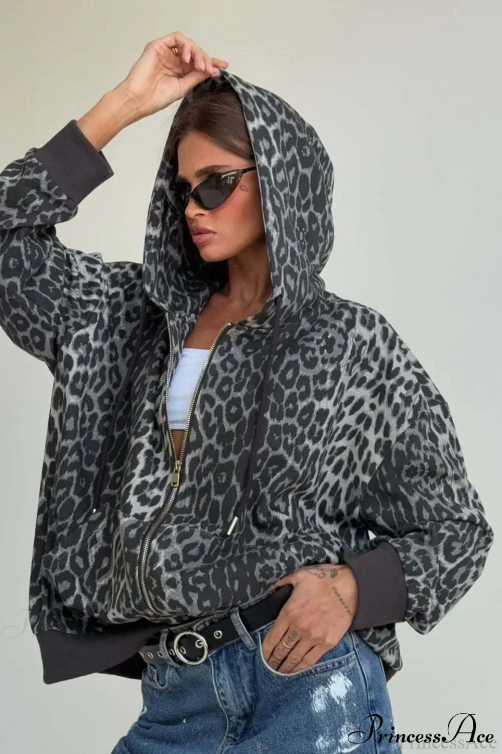 Leopard Print Zip Color-Block Hoodie - Image 2