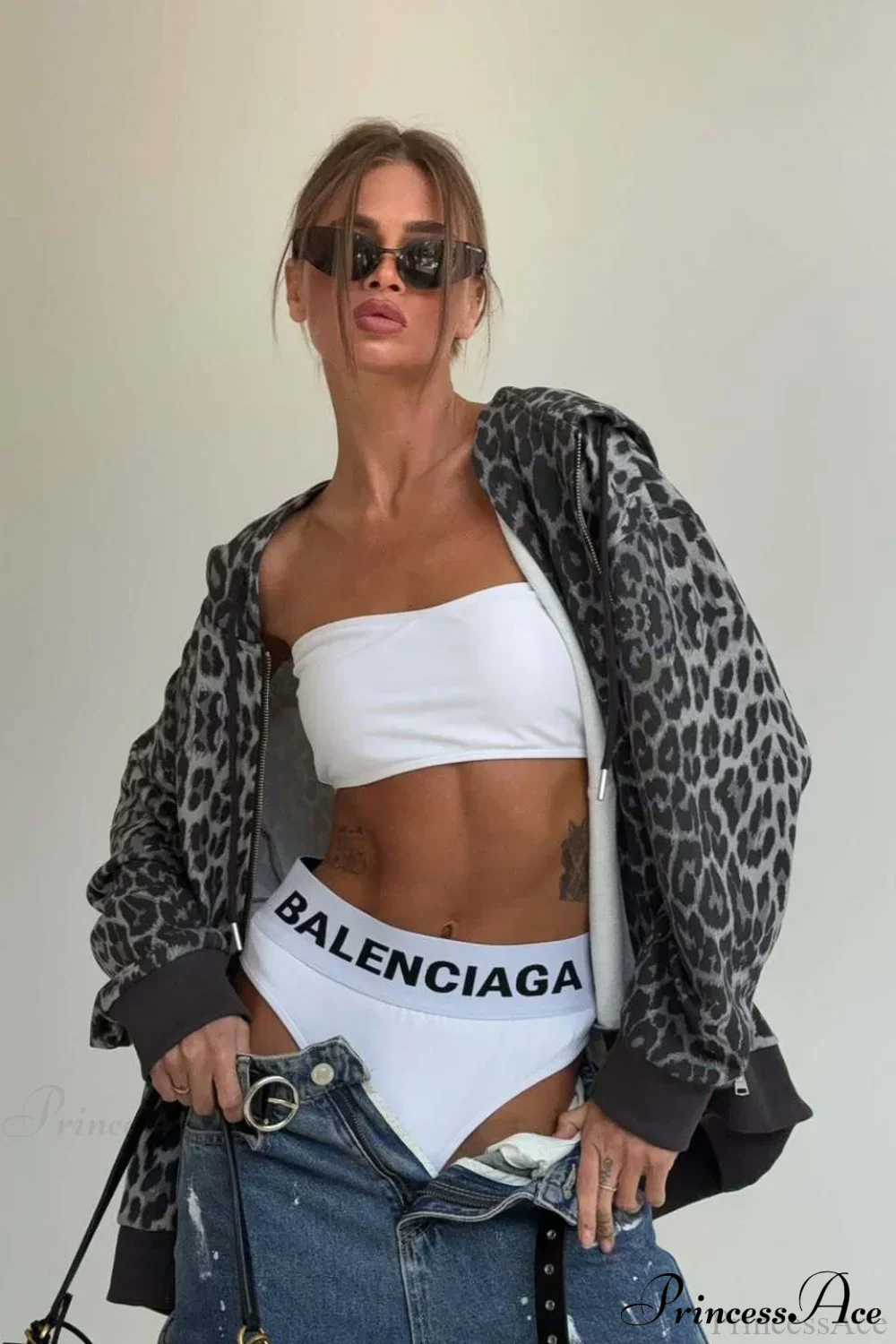 Leopard Print Zip Color-Block Hoodie - Image 3