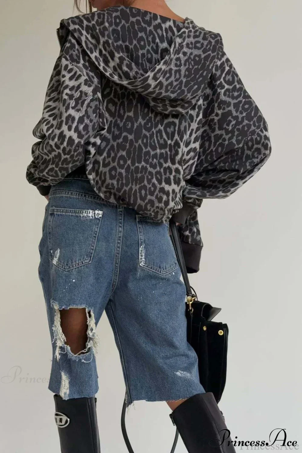 Leopard Print Zip Color-Block Hoodie - Image 4