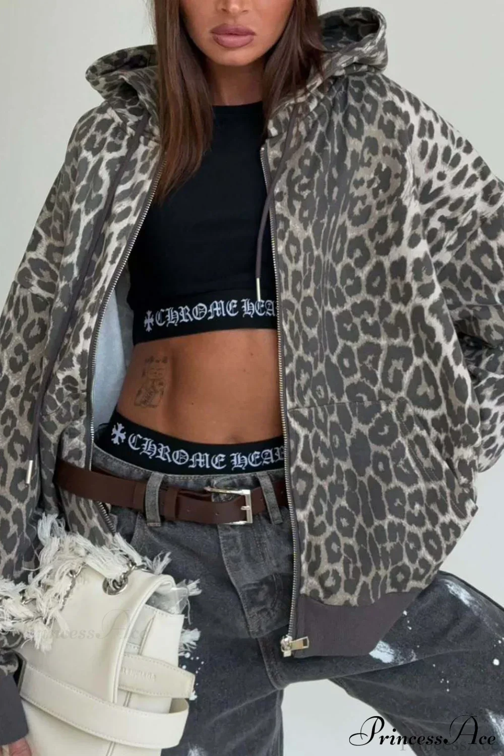 Leopard Print Zip Color-Block Hoodie - Image 6