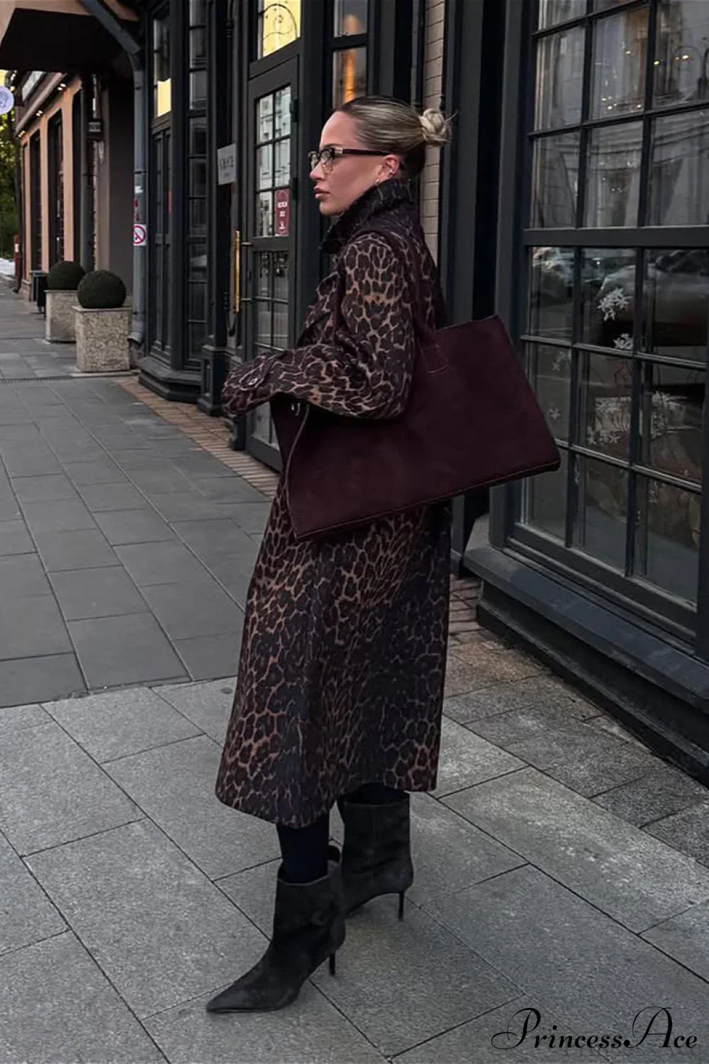 Leopard Stand Collar Stylish Long Overcoat - Image 2